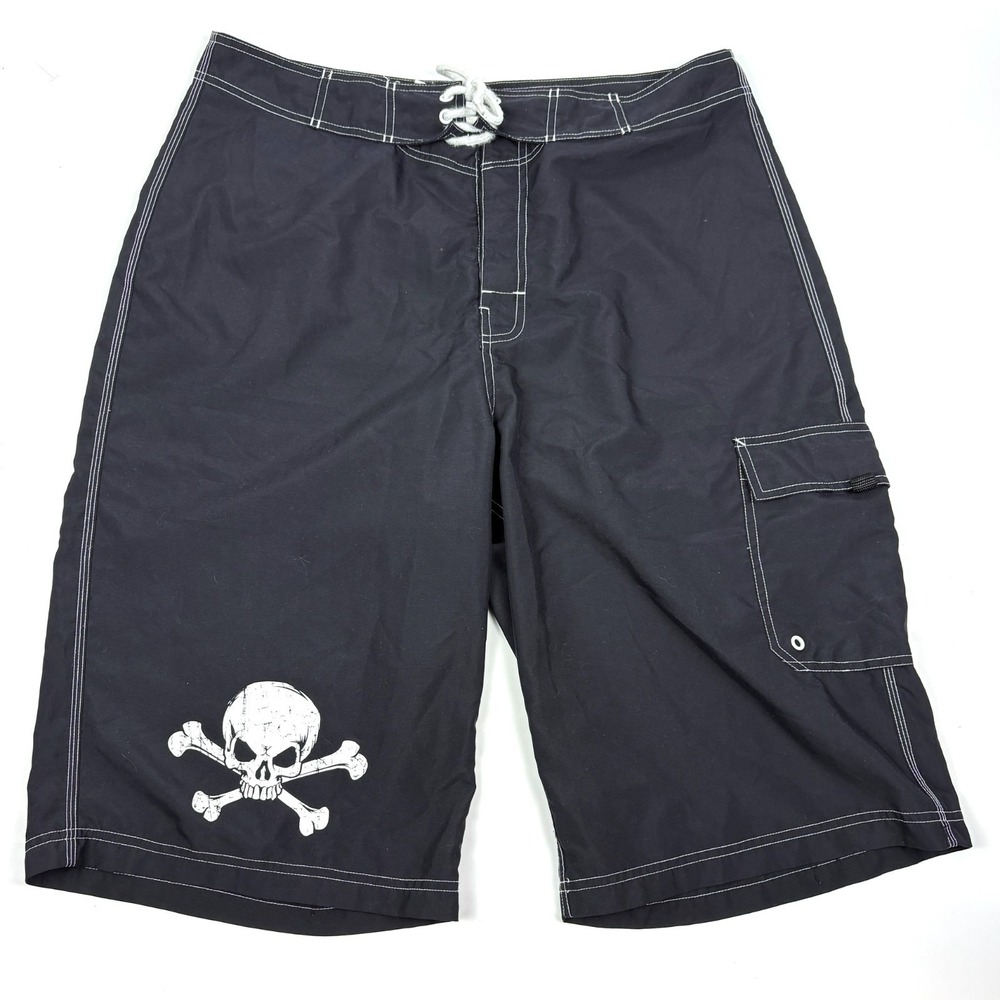 VTG MT:2 Cargo Board Shorts Mens Sz 36 Black White Skull Crossbones Skater Surf